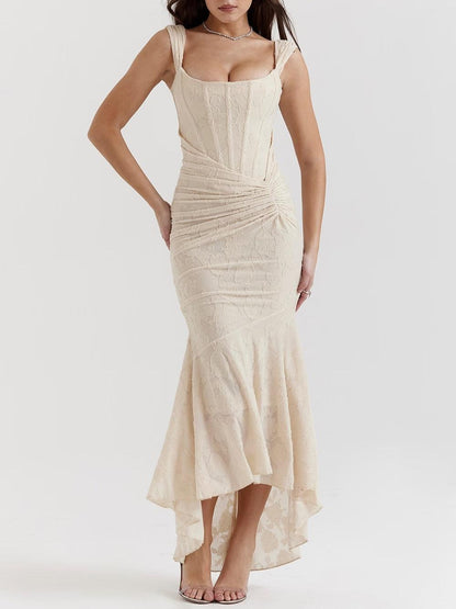 Elegant Lace Maxi Dress for Women with Corset Bodice Ruched Waist High Low Mermaid Formal Style