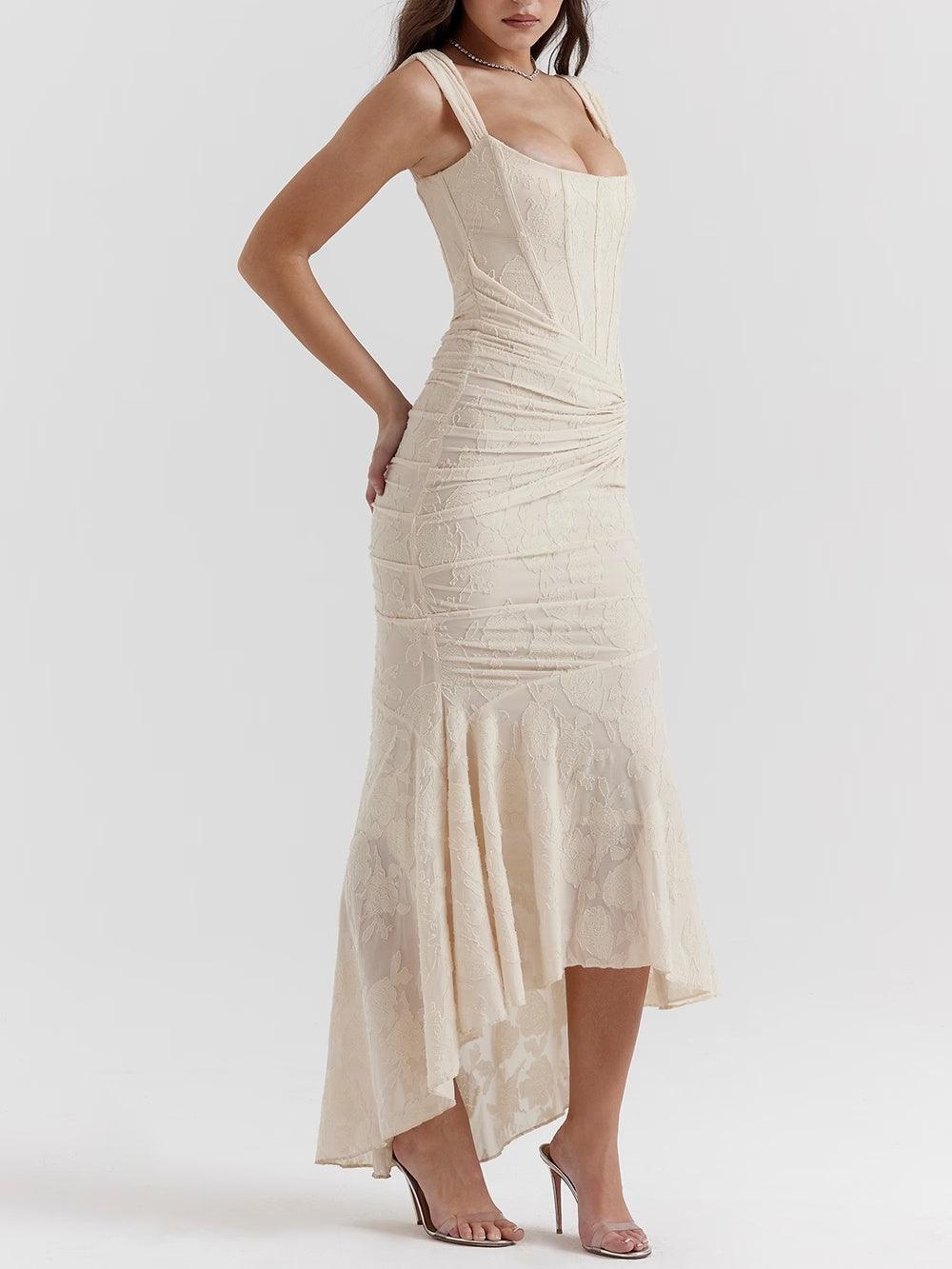 Elegant Lace Maxi Dress for Women with Corset Bodice Ruched Waist High Low Mermaid Formal Style