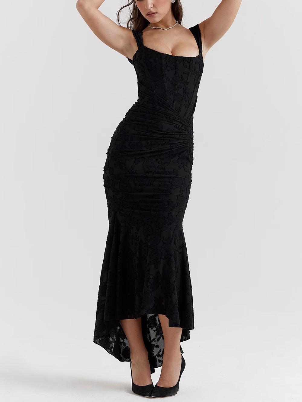 Elegant Lace Maxi Dress for Women with Corset Bodice Ruched Waist High Low Mermaid Formal Style