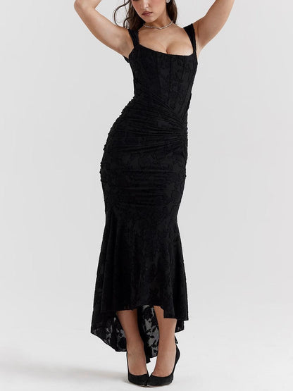 Elegant Lace Maxi Dress for Women with Corset Bodice Ruched Waist High Low Mermaid Formal Style