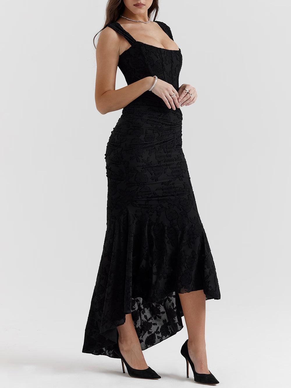 Elegant Lace Maxi Dress for Women with Corset Bodice Ruched Waist High Low Mermaid Formal Style