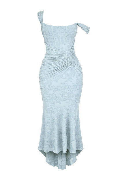 Elegant Lace Maxi Dress for Women with Corset Bodice Ruched Waist High Low Mermaid Formal Style