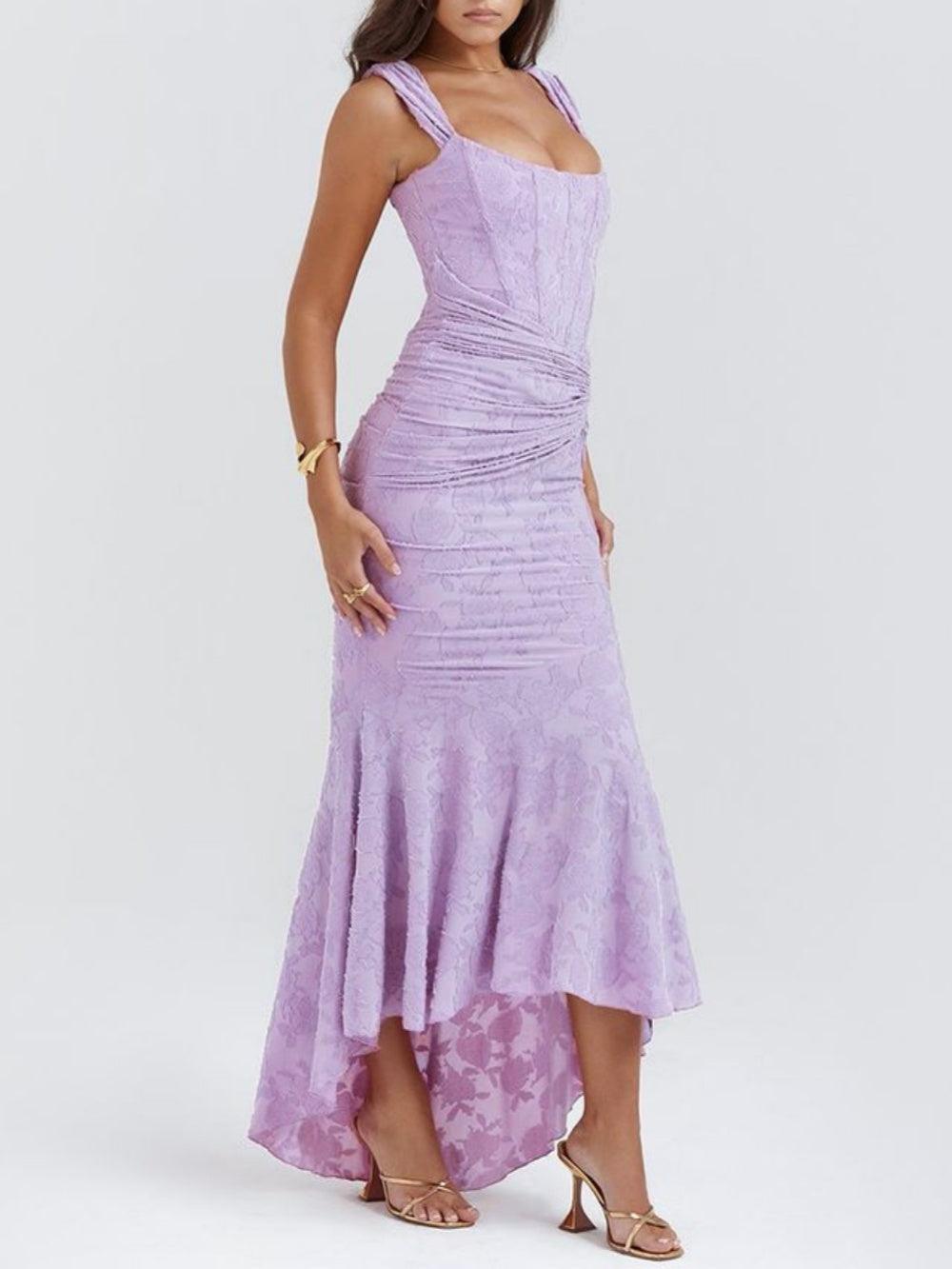 Elegant Lace Maxi Dress for Women with Corset Bodice Ruched Waist High Low Mermaid Formal Style