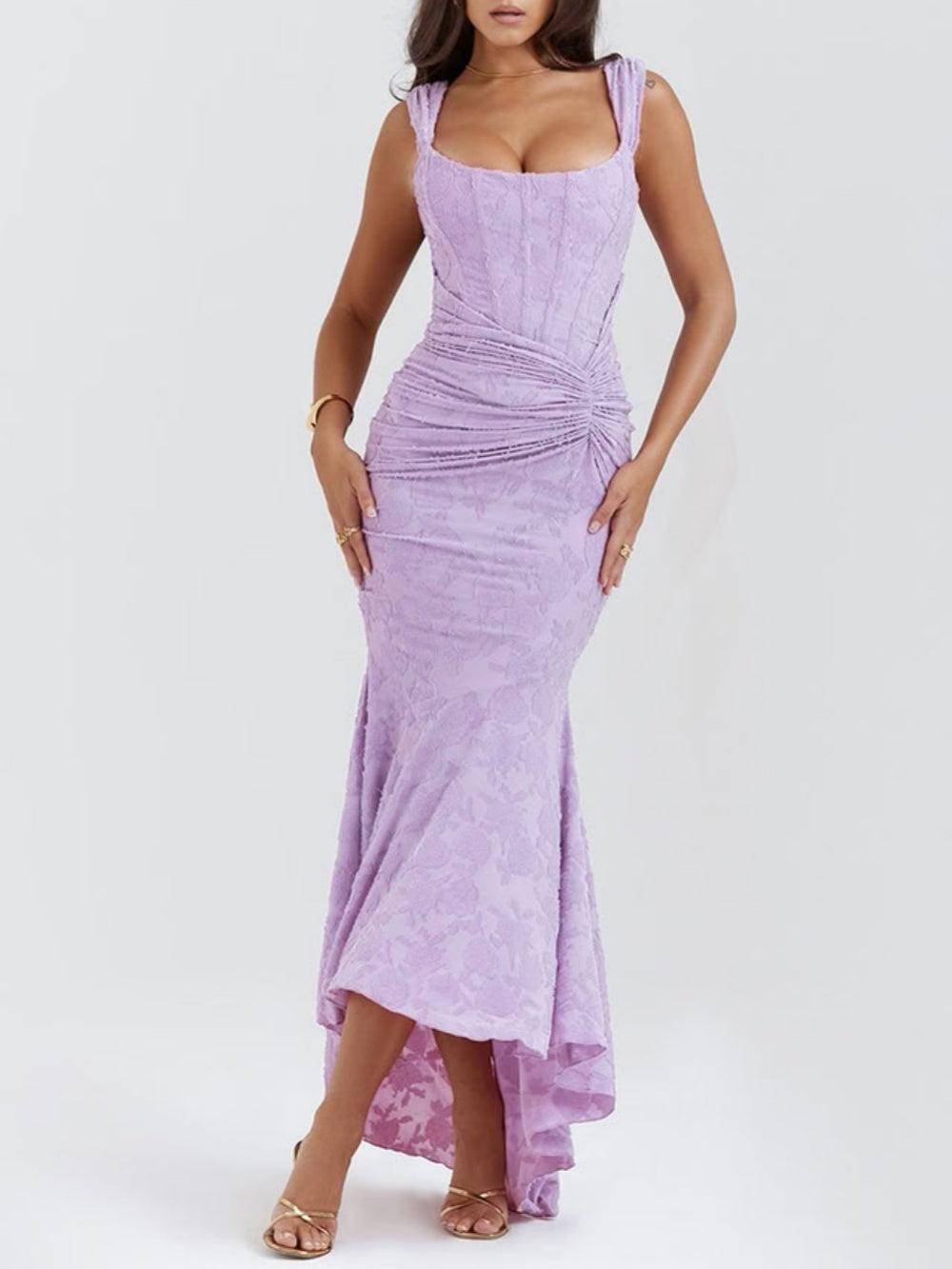Elegant Lace Maxi Dress for Women with Corset Bodice Ruched Waist High Low Mermaid Formal Style