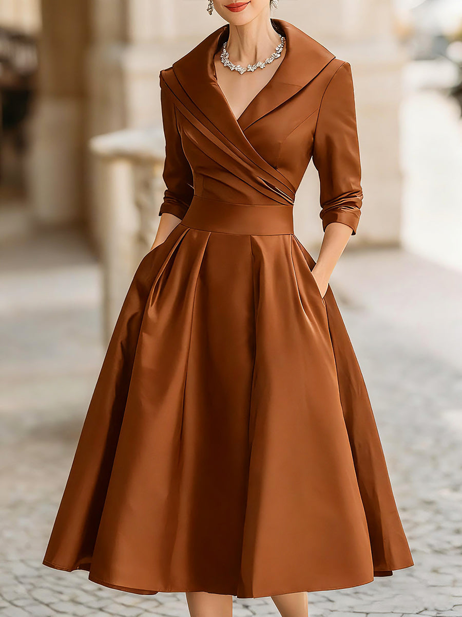 Elegant Satin Midi Dress for Women with Shawl Collar Elbow Sleeve Wrap Pleated Cocktail Style