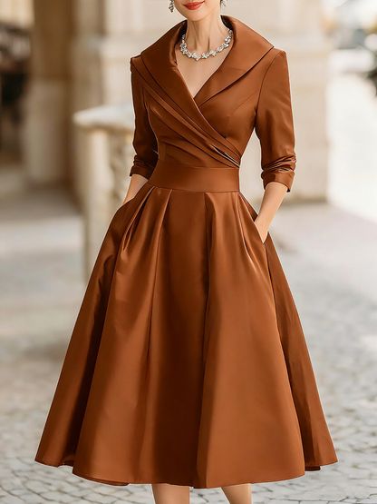 Elegant Satin Midi Dress for Women with Shawl Collar Elbow Sleeve Wrap Pleated Cocktail Style