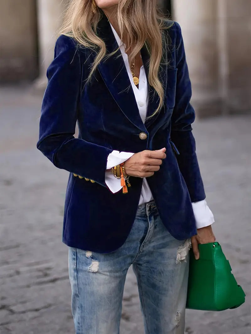 Elegant Velvet Blazer for Women with Peak Lapel Long Sleeve Single Button Tailored Style