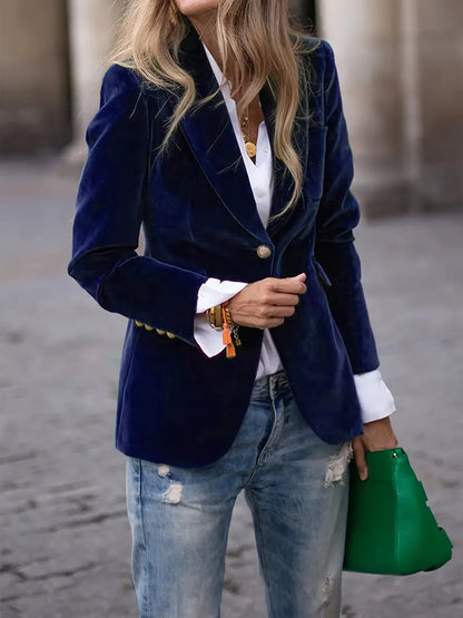 Elegant Velvet Blazer for Women with Peak Lapel Long Sleeve Single Button Tailored Style