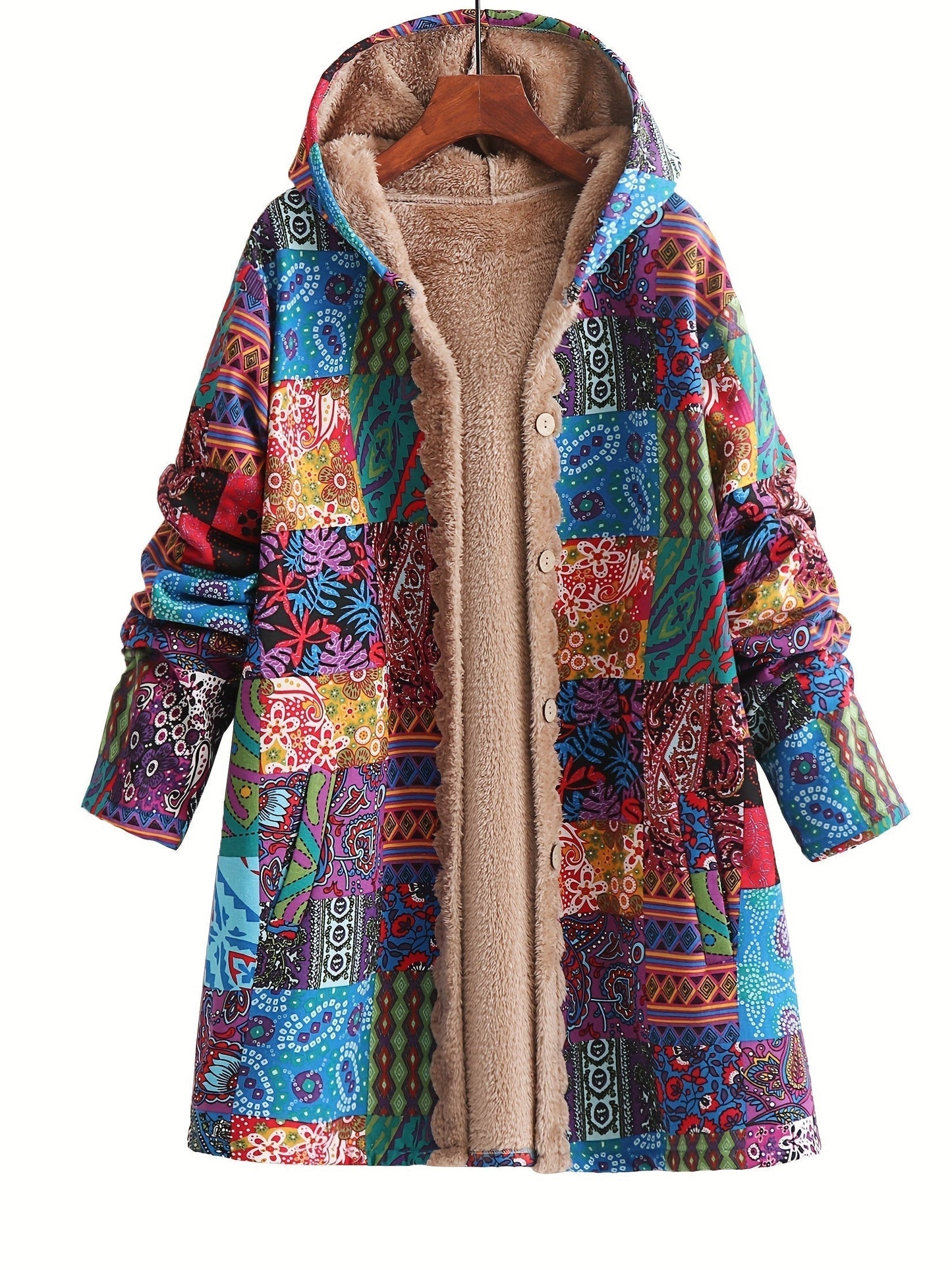 Effortless Patchwork Print Hooded Coat for Women with Long Sleeve Button Front Faux Fur Lined Oversized Style