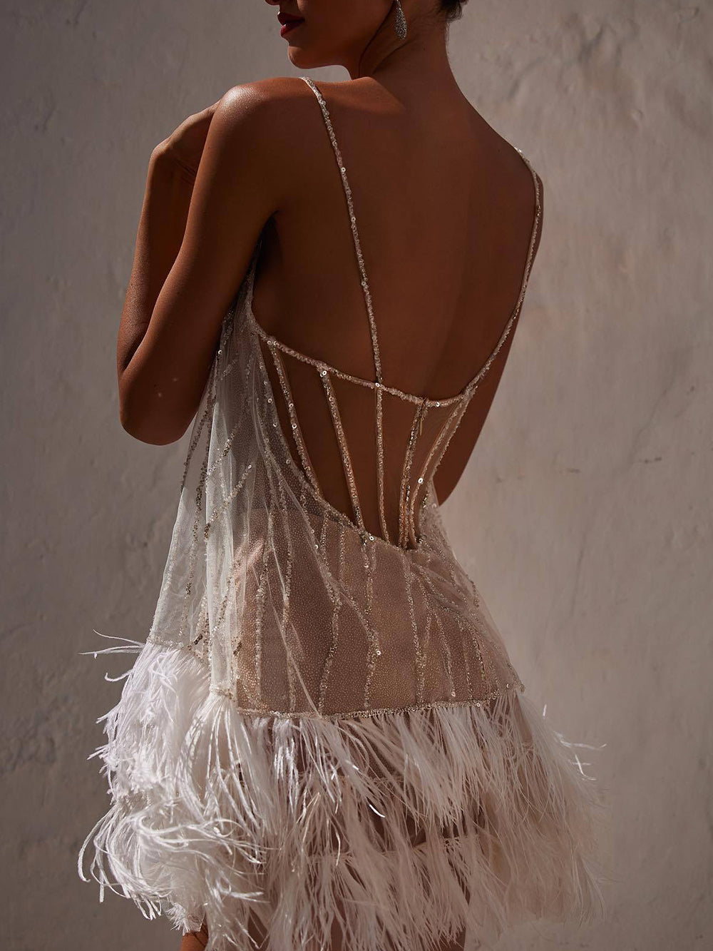 Elegant Apricot Sequin Feather Mini Dress for Women with Scoop Neck Spaghetti Strap Backless Sparkle Formal Party Style