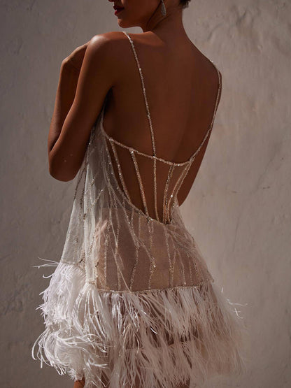 Elegant Apricot Sequin Feather Mini Dress for Women with Scoop Neck Spaghetti Strap Backless Sparkle Formal Party Style