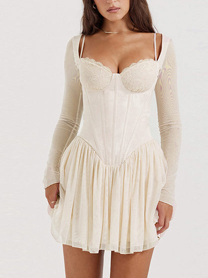 Elegant Lace Corset Mini Dress for Women with Sweetheart Neck Long Sleeve Mesh Fit and Flare Style