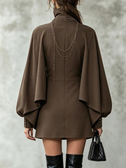 Elegant Chocolate Cape Mini Dress for Women with High Neck Bishop Sleeve Button Front Flowing Style