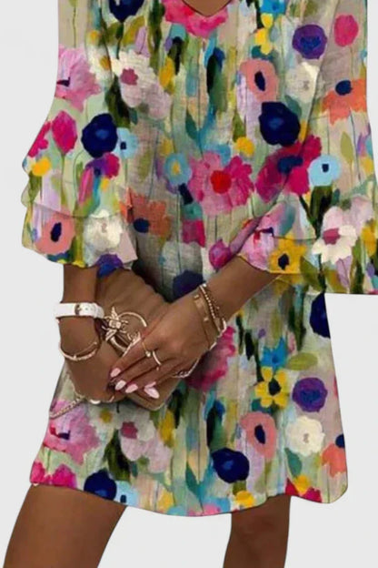Effortless Floral Mini Dress for Women with V Neck Bell Sleeve Tiered Ruffle Bohemian Style