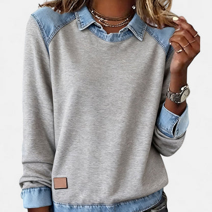 Effortless Denim Patchwork Sweatshirt for Women with Collared Raglan Long Sleeve Relaxed Casual Style