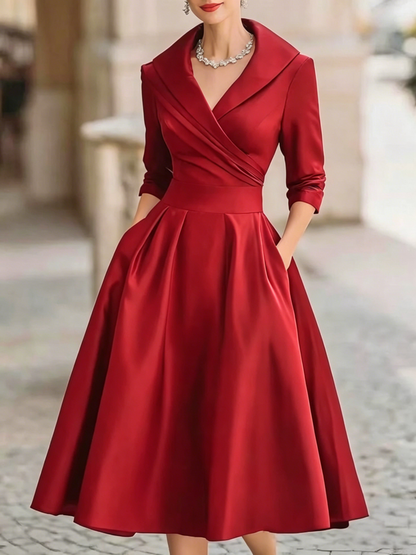 Elegant Satin Midi Dress for Women with Shawl Collar Elbow Sleeve Wrap Pleated Cocktail Style