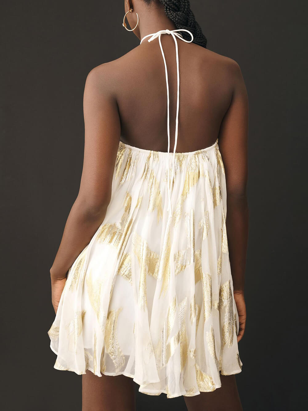 Elegant White Metallic Print Mini Dress for Women with Halter Neck Sleeveless Flowing Trapeze Style