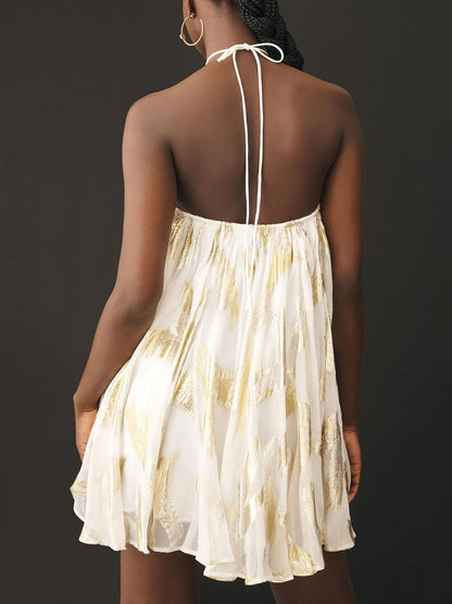 Elegant White Metallic Print Mini Dress for Women with Halter Neck Sleeveless Flowing Trapeze Style