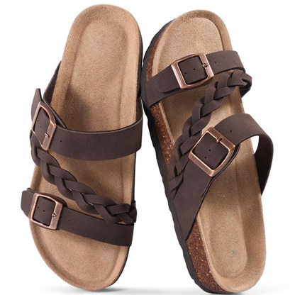 Comfortable Braided Strap Slide Sandal for Women with Double Buckle Cork Footbed Casual Style