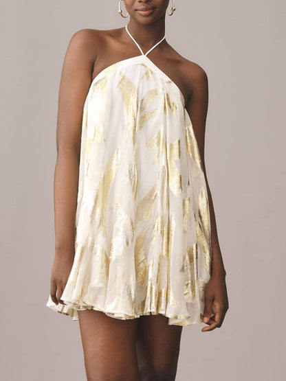 Elegant White Metallic Print Mini Dress for Women with Halter Neck Sleeveless Flowing Trapeze Style