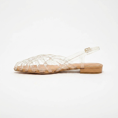 Comfortable Jelly Sandals for Women with Woven Cage Strap Closed Toe Slingback Flat Style