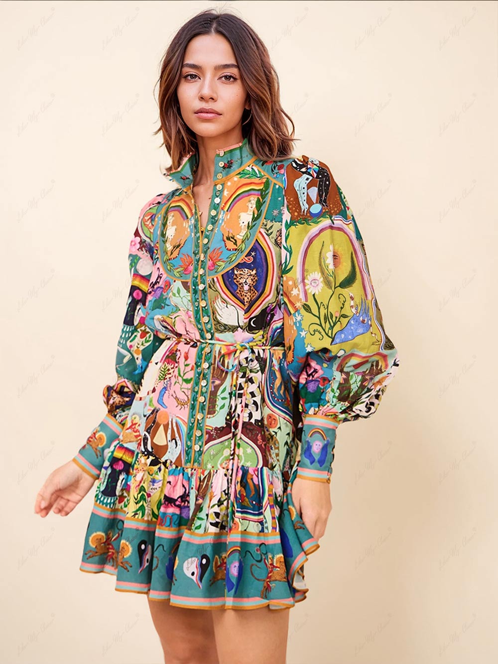 Effortless Multicolor Novelty Print Mini Dress for Women with Stand Collar Balloon Sleeve Tiered Ruffle Bohemian Style
