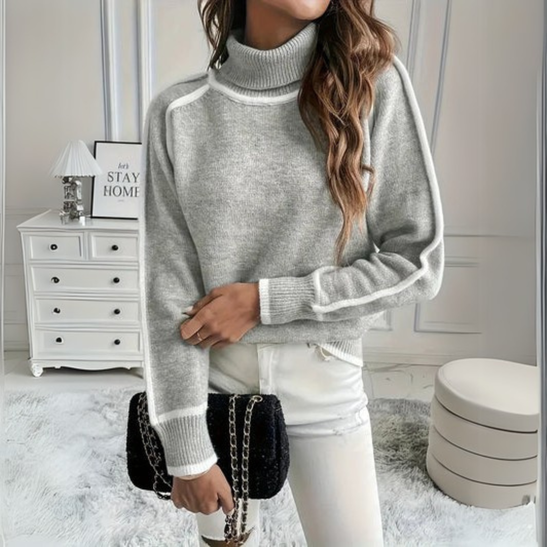 Comfortable Grey Turtleneck Sweater for Women with High Neck Long Sleeve Contrast Trim Oversized Knit Style