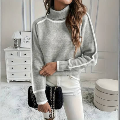 Comfortable Grey Turtleneck Sweater for Women with High Neck Long Sleeve Contrast Trim Oversized Knit Style