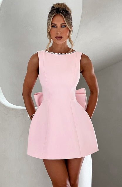 Elegant Pearl Trim Mini Dress for Women with Boat Neck Sleeveless Open Back Bow Detail Cocktail Style