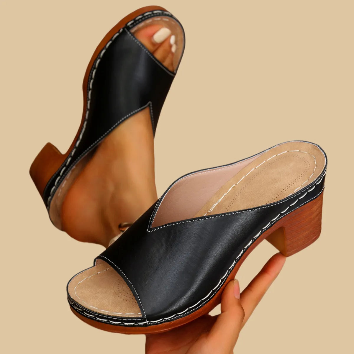 Comfortable Mules Heels for Women with Wide Band Wood Look Block Heel Peep Toe Slide Style