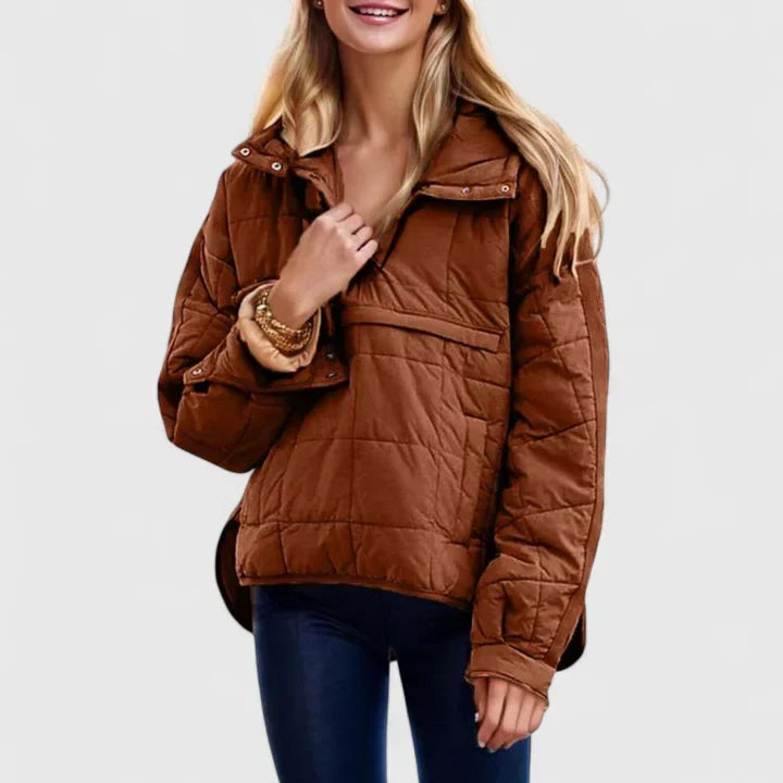 Comfortable Quilted Puffer Jacket for Women with Hooded Long Sleeve Snap Button Oversized Style