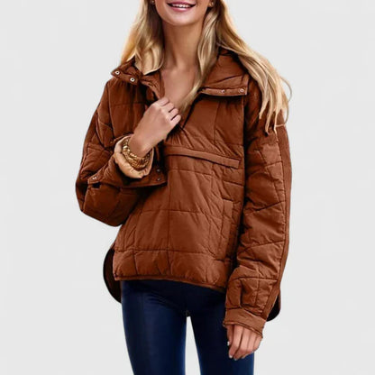 Comfortable Quilted Puffer Jacket for Women with Hooded Long Sleeve Snap Button Oversized Style