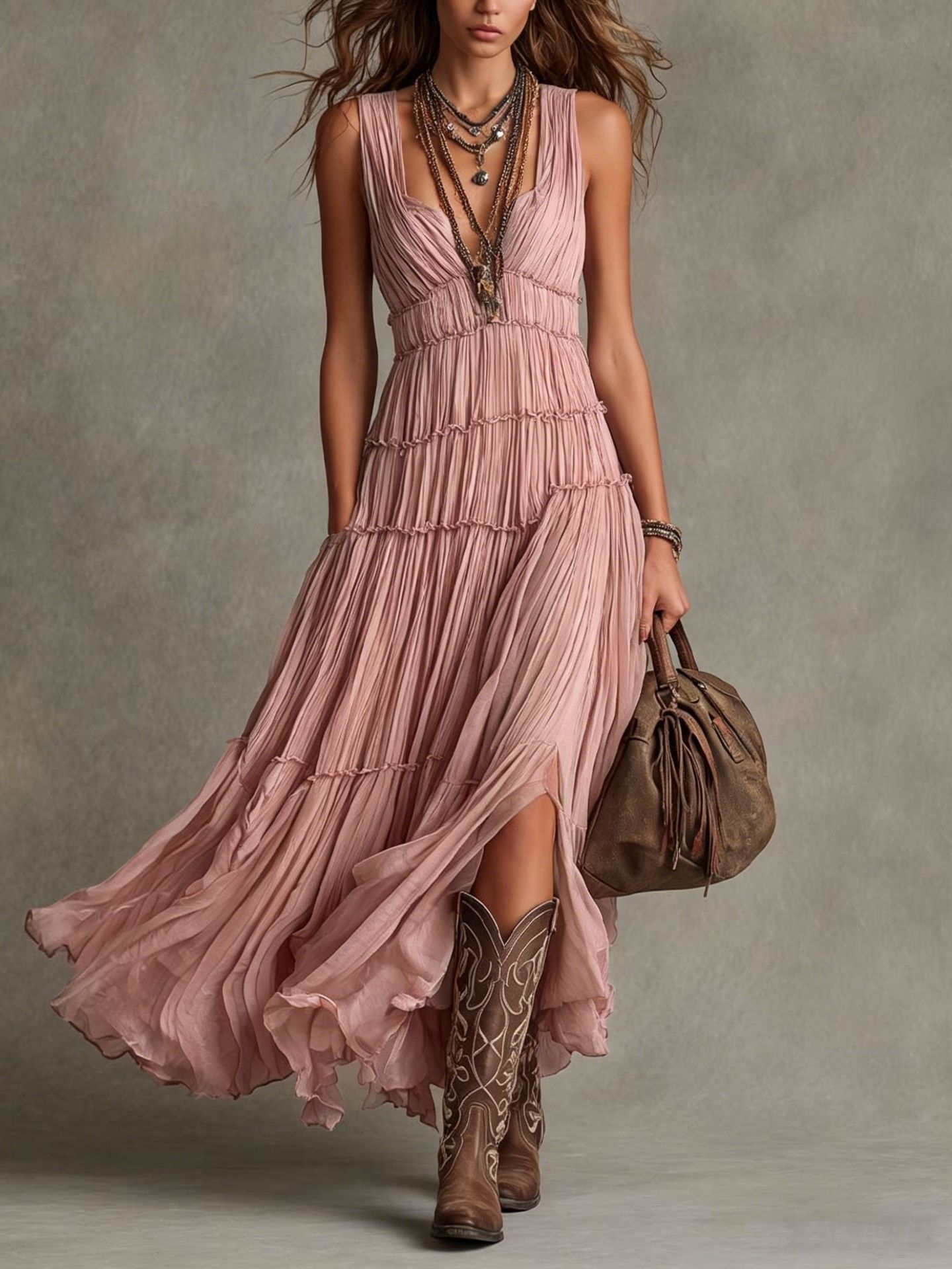 Effortless Pleated Chiffon Maxi Dress for Women with V Neck Sleeveless Tiered High Slit Bohemian Style
