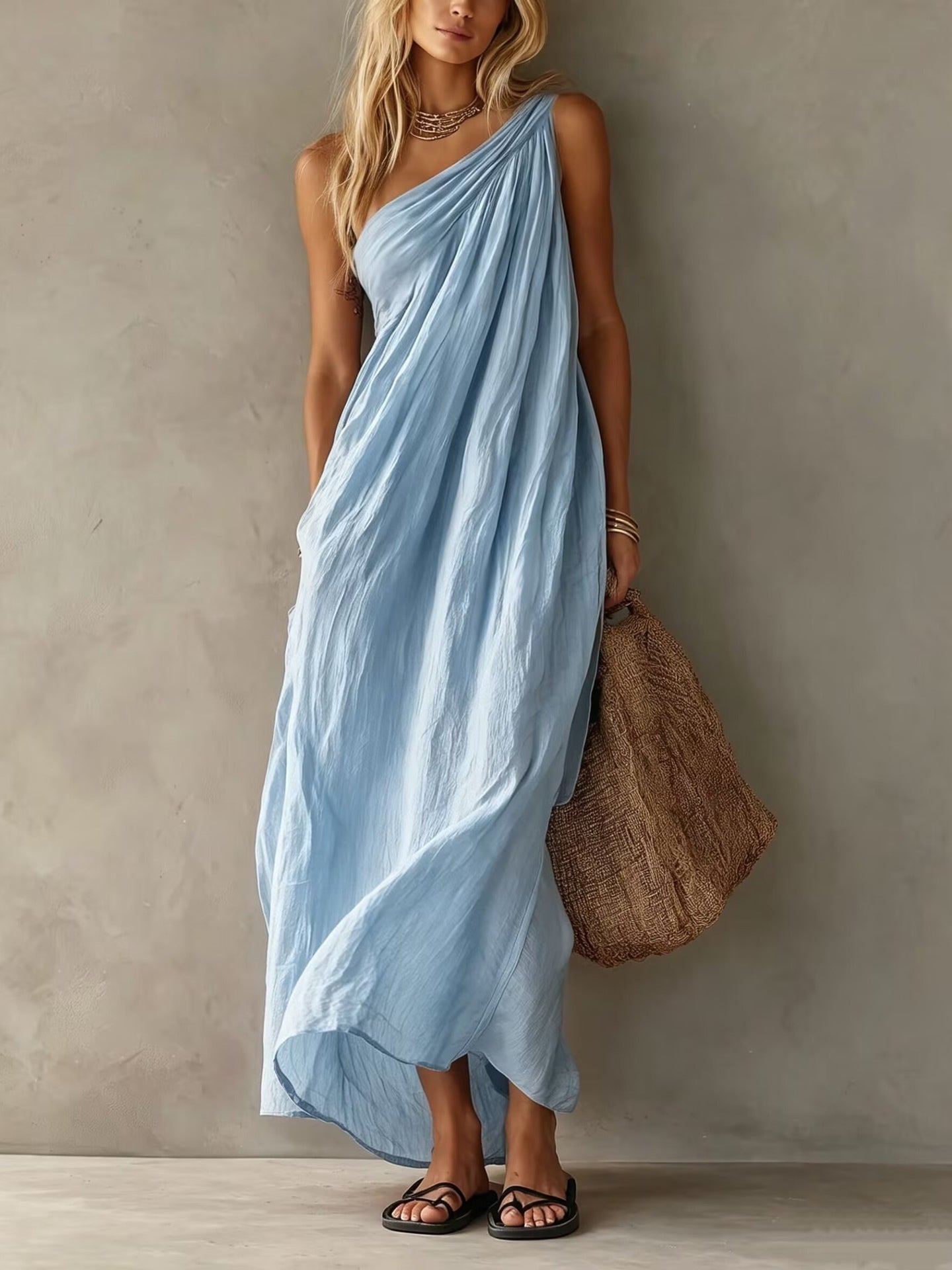 Effortless Draped Maxi Dress for Women with One Shoulder Sleeveless Ruched Flowing Bohemian Style