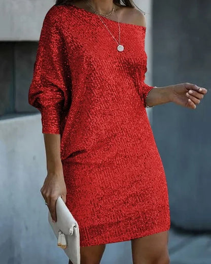 Elegant Sequin Mini Dress for Women with One Shoulder Long Sleeve Bodycon Sparkle Formal Party Style