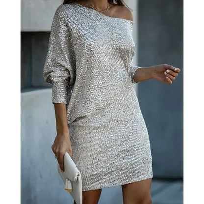 Elegant Sequin Mini Dress for Women with One Shoulder Long Sleeve Bodycon Sparkle Formal Party Style