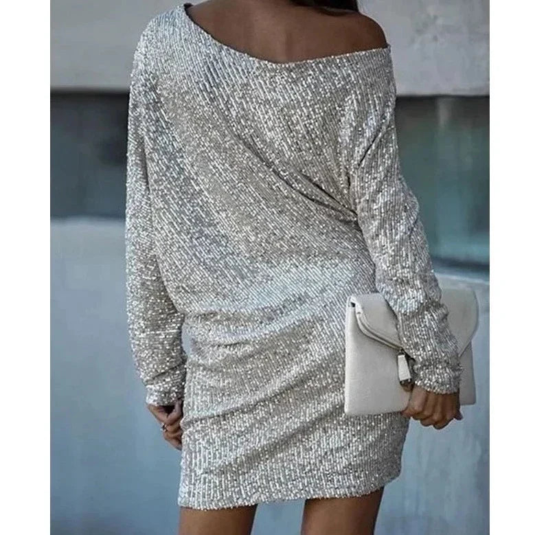 Elegant Sequin Mini Dress for Women with One Shoulder Long Sleeve Bodycon Sparkle Formal Party Style