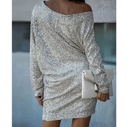 Elegant Sequin Mini Dress for Women with One Shoulder Long Sleeve Bodycon Sparkle Formal Party Style