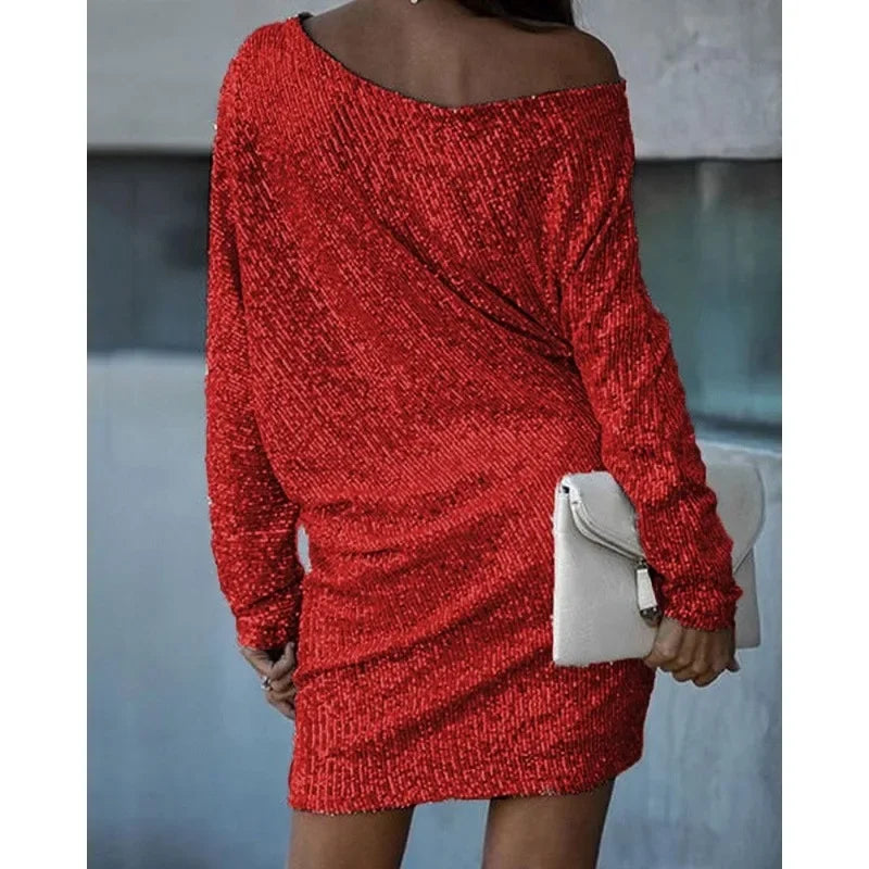 Elegant Sequin Mini Dress for Women with One Shoulder Long Sleeve Bodycon Sparkle Formal Party Style