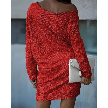 Elegant Sequin Mini Dress for Women with One Shoulder Long Sleeve Bodycon Sparkle Formal Party Style