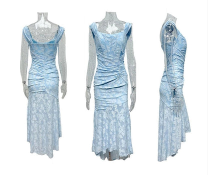 Elegant Lace Maxi Dress for Women with Corset Bodice Ruched Waist High Low Mermaid Formal Style