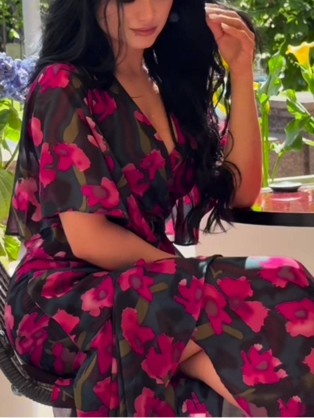 Elegant Black Floral Maxi Dress for Women with V Neck Flutter Sleeve Belted Wrap Flowing Style