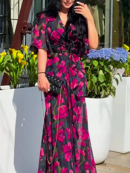 Elegant Black Floral Maxi Dress for Women with V Neck Flutter Sleeve Belted Wrap Flowing Style