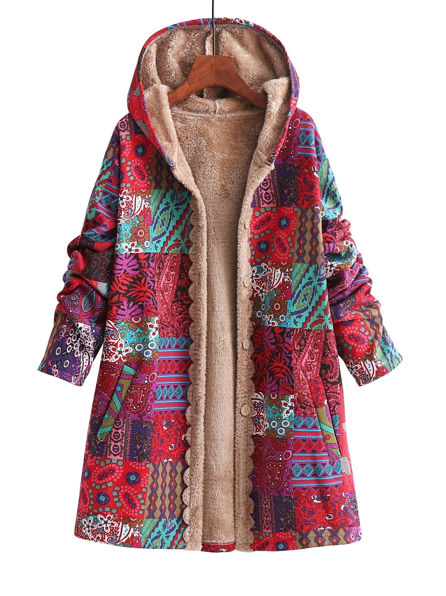 Effortless Patchwork Print Hooded Coat for Women with Long Sleeve Button Front Faux Fur Lined Oversized Style