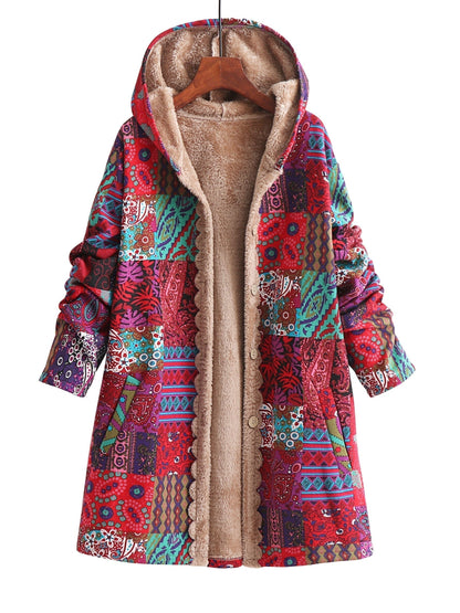 Effortless Patchwork Print Hooded Coat for Women with Long Sleeve Button Front Faux Fur Lined Oversized Style