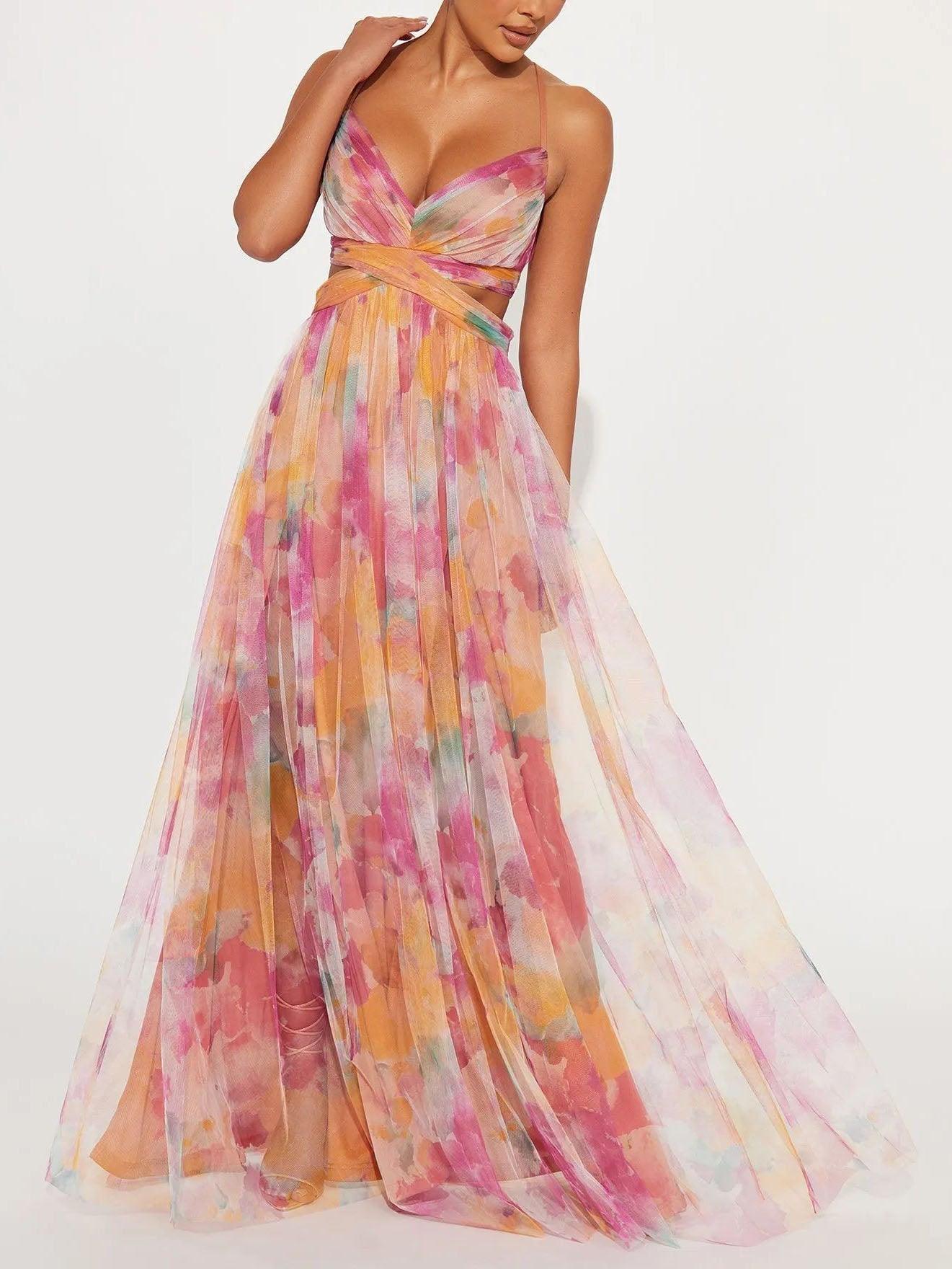 Elegant Watercolor Floral Maxi Dress for Women with V Neck Crisscross Waist Cutout Back Flowing Formal Wedding Guest Style