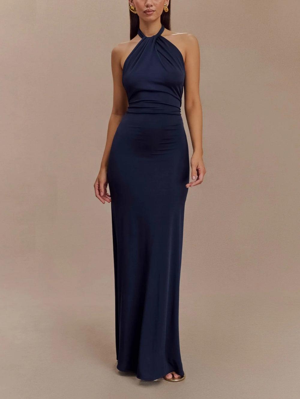 Elegant Navy Maxi Dress for Women with Halter Neck Ruched Bodycon Formal Wedding Guest Style