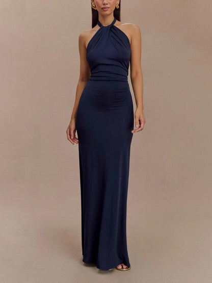 Elegant Navy Maxi Dress for Women with Halter Neck Ruched Bodycon Formal Wedding Guest Style