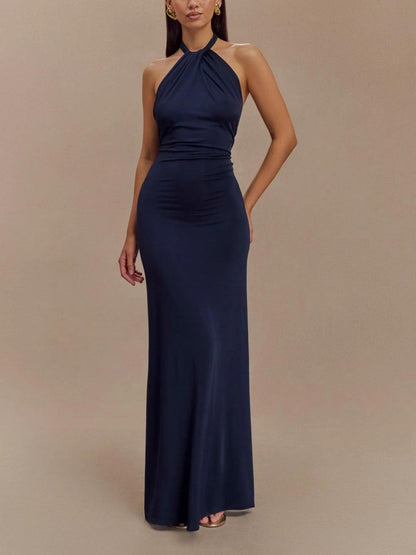 Elegant Navy Maxi Dress for Women with Halter Neck Ruched Bodycon Formal Wedding Guest Style