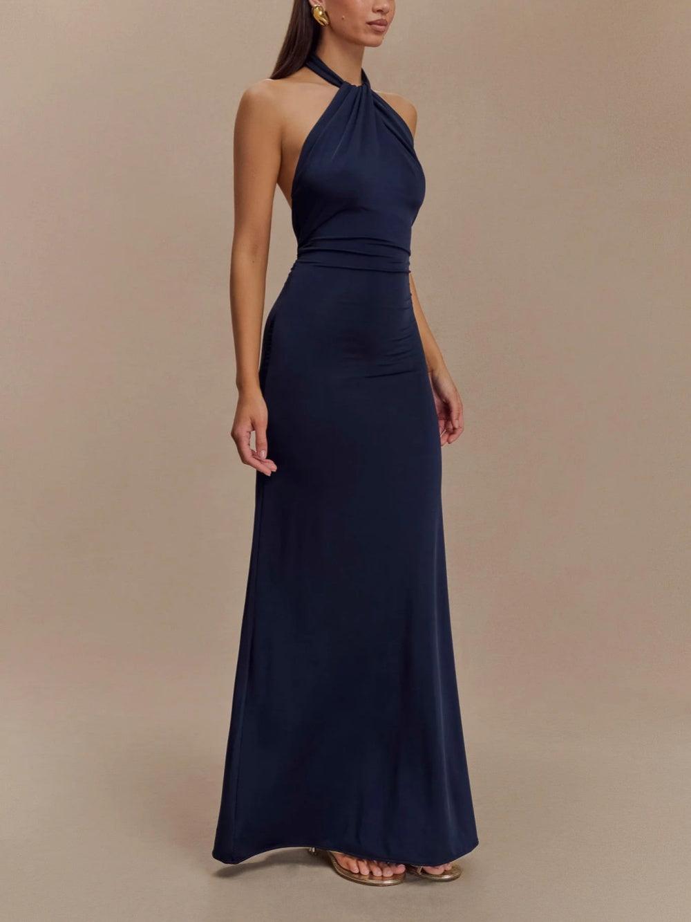 Elegant Navy Maxi Dress for Women with Halter Neck Ruched Bodycon Formal Wedding Guest Style